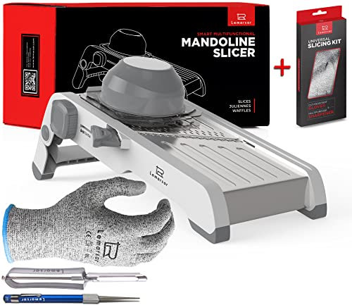 Mandoline 18 en 1 avec lame ultra tranchante et facile à régler – Trancheuse de cuisine sûre livrée avec 2 gants de protection, un éplucheur de légumes et un aiguiseur universel – 4 pièces