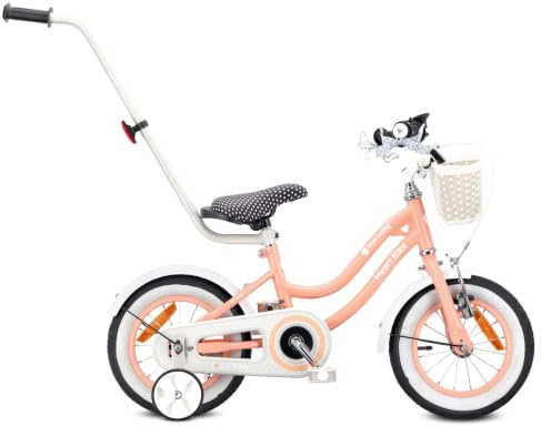 sun baby HEART BIKE Barncykel 12 14 16 tum, Cykel för barn 2-6 år, Cykel med stödhjul, pushbar, justerbar sadel och styre