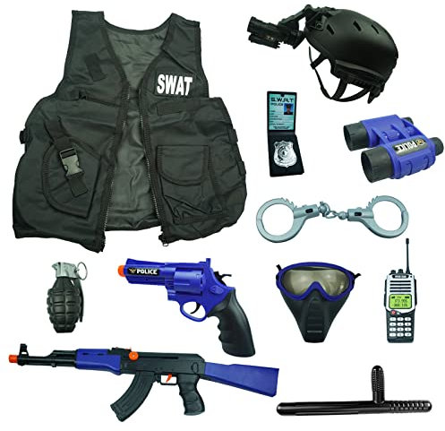 RedCrab Polizei Kostüm Kinder mit Weste Hut Spielzeuggranaten Handschellen Walkie Talkie Abzeichen Gürtel Kinder Polizei Kostüm Passend für 3 4 5 6 -10 Jahren,12 Teiliges