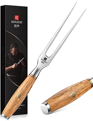 XINZUO 29.7cm Tenedor de Trinchar Acero Inoxidable 430, Tenedor de Carne Chef Profesional Barbacoa Tenedor Herramienta de Cocina -Mango de Madera de Olivo -Exquisita Caja de Regalo