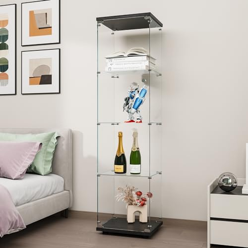 FANYUSHOW Tempered Glass Display Cabinet 4-Shelf Curio Cabinet with Security Lock 5mm Display Shelf Showcase for Living Room/Bedroom/Office- Black 64.7 H x 16.7 L x 14.37 W