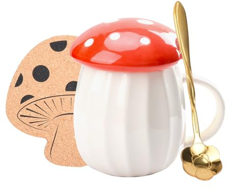 XinHuiGY Tazza di Fungo, Mug di Caffè Carina con Coperchio, Cucchiaio, Tazza di tè di Porcini kawaii, 250 ml Coppa di Funghi per latte, Fortuna Regalo per Donne, Ragazza, Natale, Compleanni (Rosso)