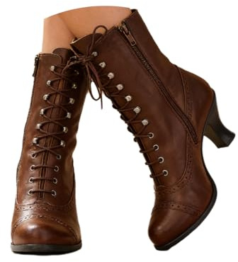 tinbarry Bottines à Talons Bas Femme Vintage Victoriennes Bottes Gothiques Punk à Tige Courte Bottes Pointues en Cuir PU Bottines à Lacets Zippées Bottines de Costume de Fête