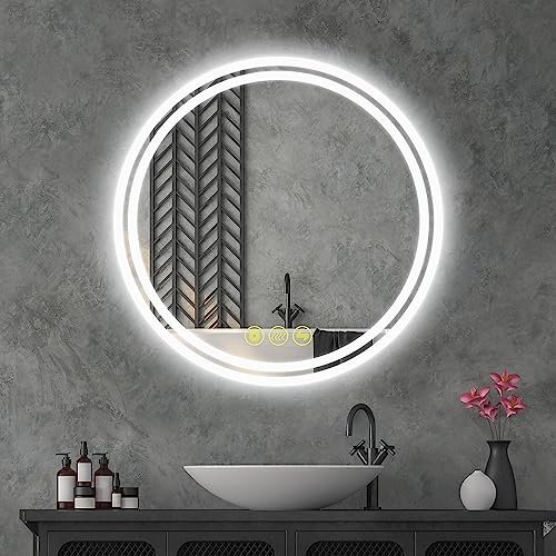 AI-LIGHTING Badspiegel rund mit Beleuchtung 60 cm Badezimmerspiegel mit Licht Dimmbar/Beschlagfrei / 3 Lichtfarben Spiegel mit Licht für Badezimmer mit Touchschalter