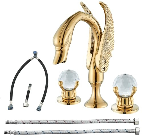 Vidugg Weit verbreitete Badezimmer Facuet Gold Swan Waschbecken Wasserhahn 3 Loch 2 Griff Kristall Badezimmer Eitelkeit Armaturen Moderne Wasserhahn Badezimmer Waschbecken Hoher Bogen Wasserfall