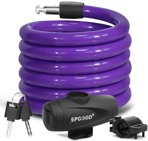 SPGOOD Cerradura de bicicleta 120cm / 12mm, cerradura de cable de bicicleta espiral antirrobo, con dos llaves, adecuada para bicicletas, triciclos, motocicletas, scooters, cochecitos de bebé(Morado)
