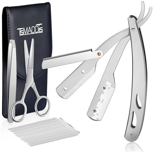 TSMADDTS Professional Straight Razors Kit with Silver Straight Blade Razor, 20-Pack Single Edge Blade, Scissors, Tweezers, Leather Holder
