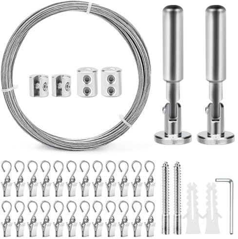 Erzekrim 5 m de acero inoxidable para cortina, resistente soporte de pared, juego de 24 clips de metal para cortina, tendedero, cortina de ducha (plata, con clip de metal)