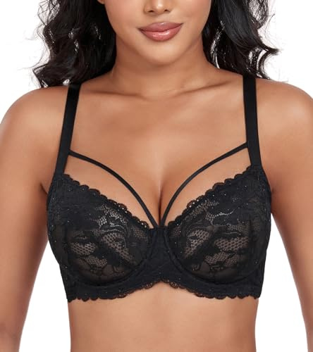 DotVol Sujetador de Encaje Sexy con Tiras para Mujer Tallas Grandes de Diario Negro,95C