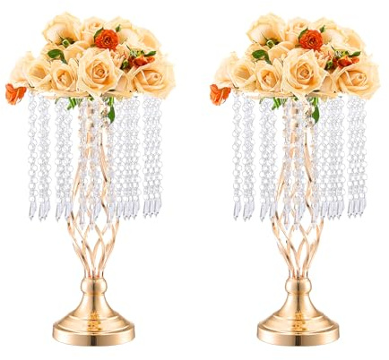 VEVOR 20PCS 43cm/16.9” Tall Crystal Wedding Flower Stand, Metal Wedding Centerpiece Vase, Gold Flower Holders Floral Display Rack for Tables Wedding Dinner Party, Ceremony Birthday Event Decor