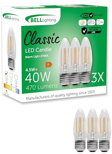 BELL Lighting E27 Edison Screw Filament Dimmable Light Bulb LED Candle 3 Pack | Warm White 2700K | 470 Lumen 4.5W | Energy Saving Candle LED Light Bulb | 40W Lamp Equivalent
