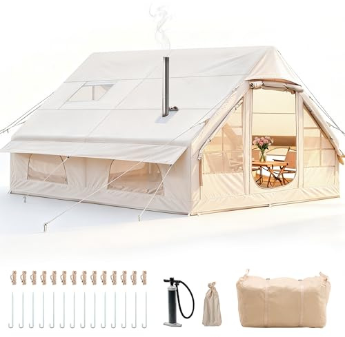 Tenda gonfiabile da campeggio con pompa, 420D Oxford Glamping, tenda gonfiabile per campeggio con apertura del camino e lucernario, 4 stagioni, tenda da cabina anti-UV con finestra e porte in rete per