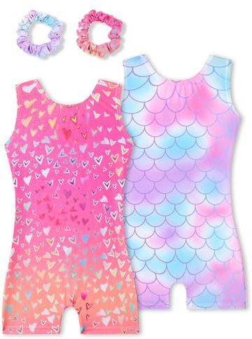 Tstiti Gymnastics Leotards for Girls 2 Pack Sparkly Kids Biketards Dance Unitards Matching Hair Scrunchies
