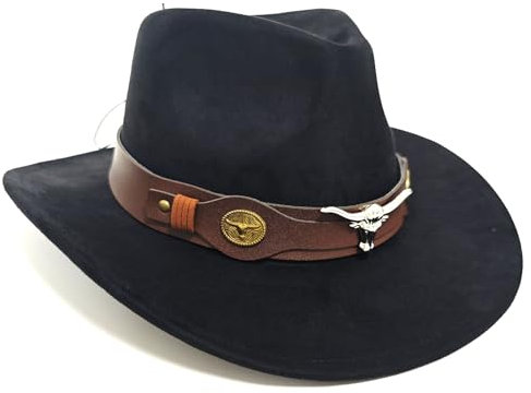 Cowboyhut Western Style Damen Herren | Chamois Lederhut mit Bullenkopf-Applikation & verstellbarem Band（56-58cm）– Breitkrempiger Outback-Hut für Festival, Gartenarbeit & Mottopartys (Schwarz)