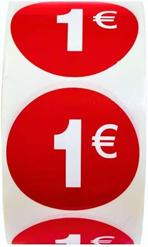 Pack de 3 rollos de etiquetas de precio '1€' para productos rebajados | 1.500 pegatinas autoadhesivas de descuento en color rojo brillante | Pegatinas redondas para etiquetar ofertas de Ø35 mm(1€-3)