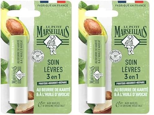 Le Petit Marseillais | Soin Lèvres 3 en 1 Beurre de Karité et Huile d’Avocat (tube de 4,9 g) – Baume à lèvres aux huiles d'origine végétale – Stick à lèvres avec 98% d'ingrédients d'origine naturelle