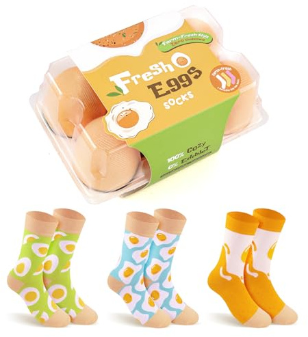 Calcetines Hombre Mujer Divertidos Cartón de Huevos - Personalizados Originales Dibujos Estampados Graciosos Algodon - Regalos Originales Navidad Cumpleaños para Adolescentes Novio Padre Papá- 3 Pare