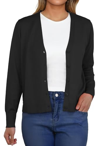 GRECERELLE Cardigan léger pour femme avec col en V et boutons - Cardigan décontracté et élégant - Pour l'été, le printemps, l'automne - Veste douce à porter sur un haut ou une robe, Noir , M