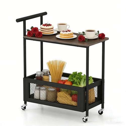 LIFEZEAL Carrito de cocina ahorra espacio con ruedas, caja, asa, industrial, estrecho, portavelas, fruta, carro, mesa lateral, para baño, salón, madera, manzana, 60 x 40 x 72 cm