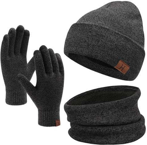 Winter Beanie Hat Scarf Touchscreen Gloves Set for Men and Women, Beanie Gloves Neck Warmer Set with Warm Knit Fleece Lined Dark Gray