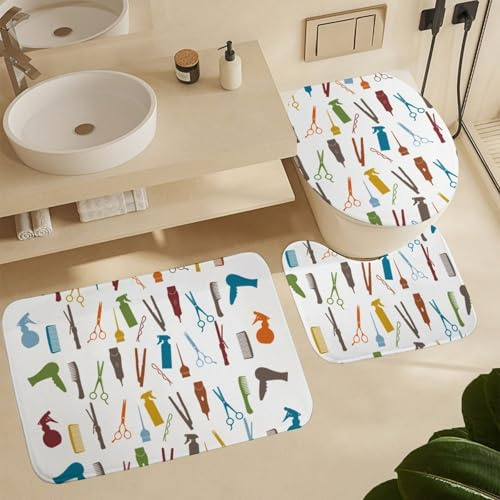 Hair Stylist Salon Hairdresser Scissors Bathroom Rugs Sets 3 Piece, Soft Microfiber Absorbent Bath Mat, U-Shaped Contour Toilet Mat And Toilet Lid Cover, Toilet Cover And Rug Set for Bathroom 15.7x23