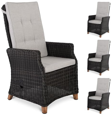Raburg Gartenstuhl 4er-Set Relaxsessel/Hochlehner, Funktion, stufenlos verstellbar, Alu und Polyrattan, Sitz- & Rückenkissen, Füße Akazie, Lena, Grau/Steingrau