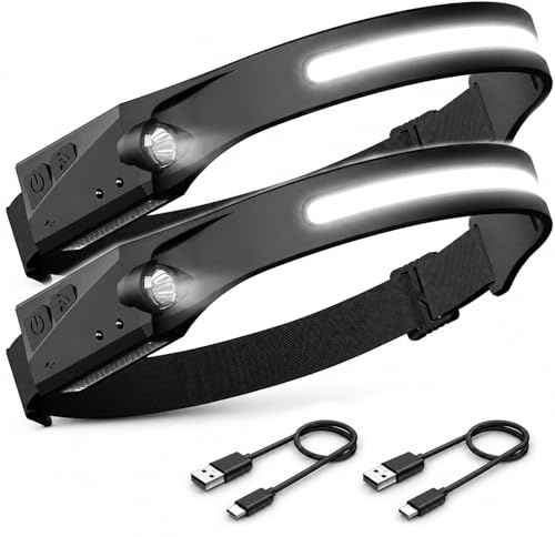 DEALEEZ USB, Pannlampa, uppladdningsbar LED-lampa, vitt ljus med fem lägen, högeffektiv pannlampa, stänkskyddad, 2-pack