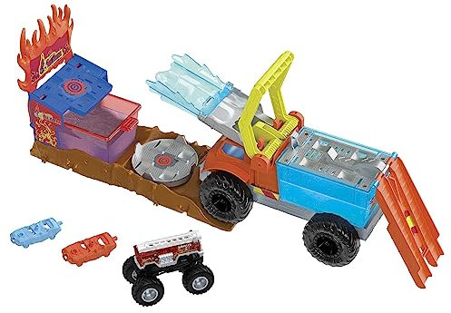 Hot Wheels Monster Trucks Arena Smashers Color Shifters 5-Alarm Rescue with 1 Color Shifter Monster Truck, 2 Crushable Cars and 1 Detachable Semi Rig, HPN73
