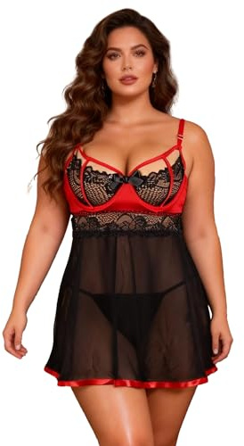 ohmydear Plus Size Babydoll Lingerie for Women Sets Sexy Underwire Lace Chemise Nightwear Sheer Mesh Negligees Sleepwear Black Full Slip Outfits with Thong UK 20