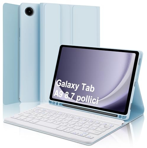 WINCHKING Cover con Tastiera Samsung Galaxy Tab A9 8.7, Italiano Bluetooth Rimovibile Tastiera per Samsung Galaxy Tab A9 2023 8.7 Pollici, Azzurro