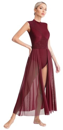 CHICTRY Women's Lace Lyrical Dance Costume Long Split Keyhole Modern Contemporary Dance Dress Burgundy S