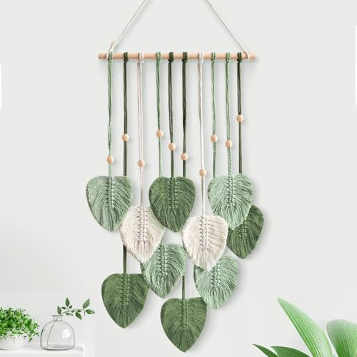 YATOSEEN Macrame Wall Hanging Green Leaves Boho Wall Decor Macrame Tapestry Handmade Macrame Leaf with Hook Up for Bedroom Living Room Office Restaurant Ornament