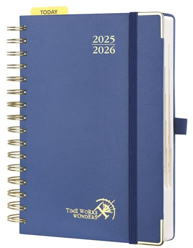 POPRUN Tagesplaner 2025 2026 Ringbuch mit Hardcover 21,5 x 14,5 cm, Tageskalender A5 1 Tag 1 Seite (Montag - Sonntag), Terminplaner (Aug.2025-Jul.2026) mit Plastiklineal - Marineblau