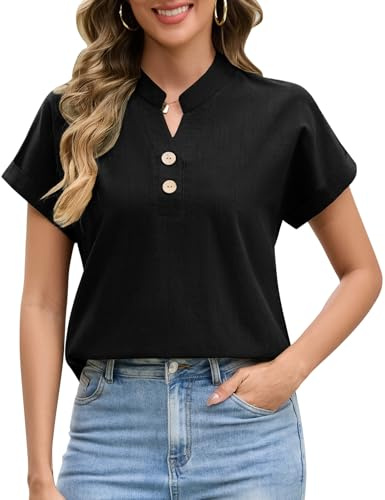 UMIPUBO Camicia Donna Estiva Manica Corta Scollo a V Pulsanti Camicette con Tasca Comoda Elegante Magliette Tunika Casual Estivi Blusa Lavoro Maglia Shirts Classico Top Tees (Nero, M)