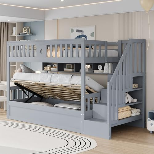Moimhear Cama de madera, cama nido hidráulica, escalera de almacenamiento, estanterías, cama alta, litera, cama juvenil (Hidráulica, gris-1, 90x200cm)