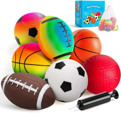 Tomatoys 7 Balles pour Tout-Petits 1–3 Ans – PVC Souple & Léger – Football, Basket, Football Américain, Dodgeball & Kickball – Jouet Sportif Éducatif Intérieur/Extérieur Enfants