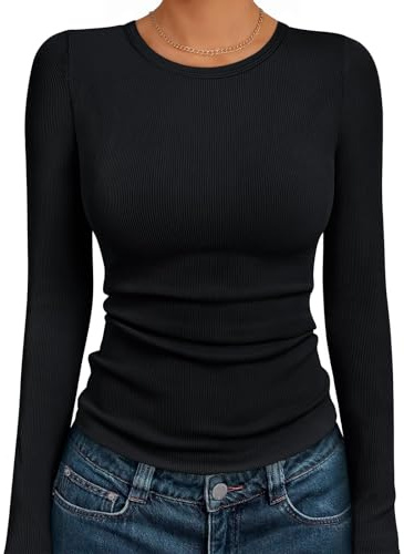 Suncife T-shirt côtelé décontracté à manches longues pour femme - Col rond - Coupe ajustée - Tunique côtelée