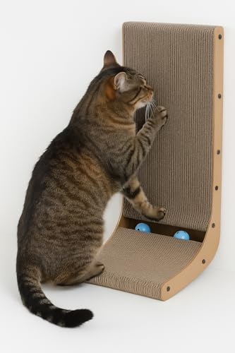 griffoir pour Chat - Jouet griffoir Hugo L Beige 27x31x56 cm - MDF et Carton - Double Face - avec Herbe à Chat - 2 balles avec Clochette - Jouet Chat