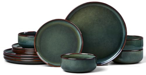 HaWare 12 Piece Dinner Set, Stoneware Dinnerware Service for 4, Reactive Glaze Dining Ware Include Plates and Bowls, Chip and Scratch Resistant, Microwave & Dishwasher Safe, Moss Green