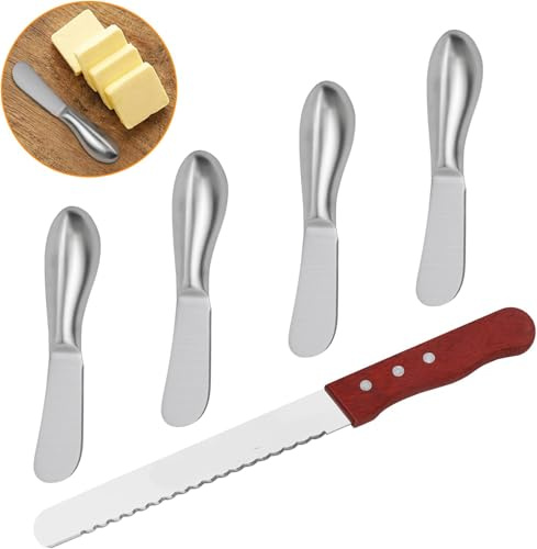 ZEKUN 4 Cuchillos Pequeños Para Mantequilla y 1 Cuchillo para Pan,Cuchillo para Pan,para Mantequilla,Queso y Repostería,para Pan Dentado,de Cocina con Filo Dentado y Mango