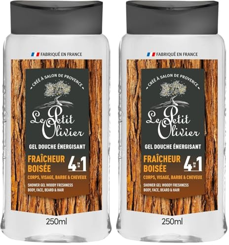 LE PETIT OLIVIER - Gel Douche Homme 4 en 1 - Fraîcheur Boisée - Corps Visage, Barbe & Cheveux - Parfum Frais & Énergisant - Nettoie en Douceur - PH Neutre Pour la Peau - Fabriqué en France - 250ml