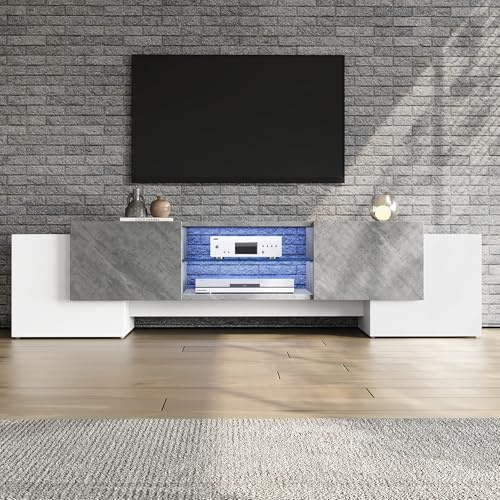 Merax LED TV Stand Cabinet,Modern High Gloss Entertainment Unit with Storage,TV Unit for Up to 80 Inch TV, 180x40x46.5cm, 4 Doors & 2 Open Shelves, White & Grey