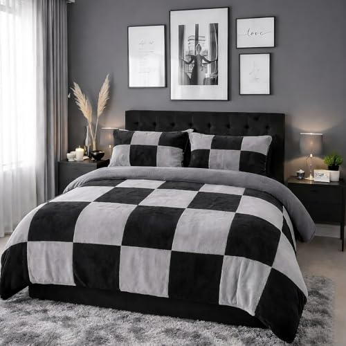 John Aird Teddy Fleece Patterned Square Check Duvet Cover Quilt Bedding Set With Pillow Case (Black/Grey, Single)