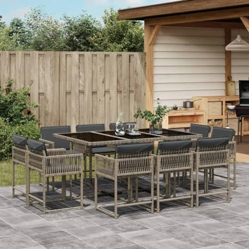 Frdhee Juego de muebles de balcón y terraza, juego de 11 piezas, juego de comedor de jardín con cojín de ratán gris polirratán, grupo de asientos para balcón, terraza, embalaje compacto y fácil