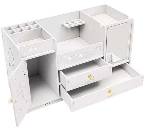 Madelynn Caja de almacenamiento de cosméticos, organizador de cosméticos, organizador de maquillaje de PVC, 45 × 19 × 27 cm, organizador para el cuidado de la piel con 2 cajones y espejo, para