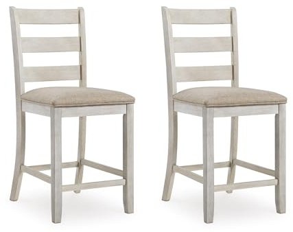 Signature Design by Ashley Skempton | 2-Count 24 Counter-Height Upholstered Bar Stools – Coastal Chic Ladder-Back, Antique White
