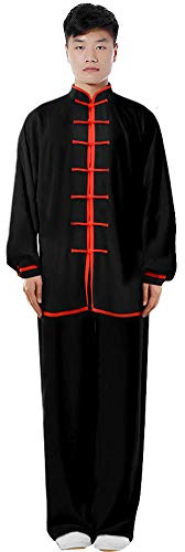 ZooBoo Cotton Blend Long Sleeves Tai Chi Suit Morning Exercise Uniform Kung Fu Clothing for Men (Black+Red, XXXL)