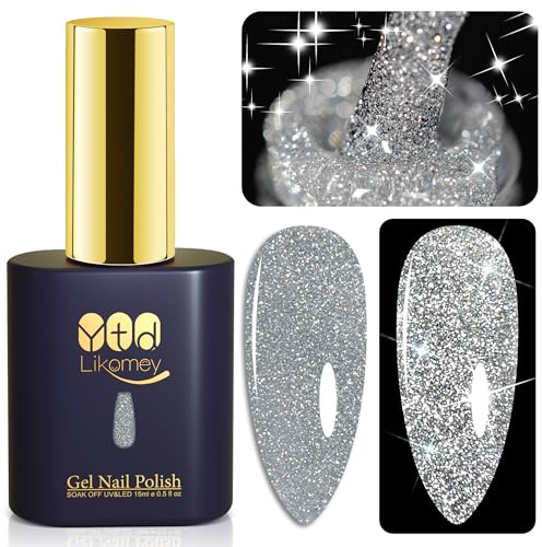 YTD Likomey Smalto Semipermanente per Unghie in gel,15ml Argento Glitterato Riflettente Glitter Colori Smalti Semipermanenti,Olografico Brillante Gel UV Nail Gel,SZ003