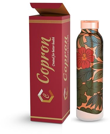 COPRON Copper Water Bottle for Drinking Water, An Ayurvedic Pure Copper Water Bottle Container Vessel 900 ml 30 fl oz, Large Leak Proof Smooth Finish, Wildflower, CZ-99ID-SXEQ