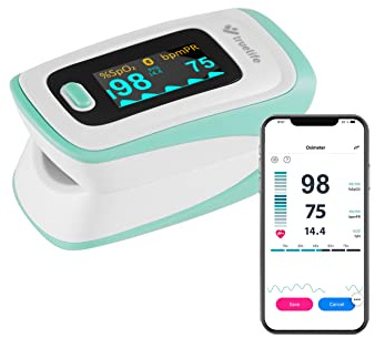 TrueLife Oximeter X5 Bluetooth und App, Messung der Sauerstoffsättigung, der Herzfrequenz und des Perfusionsindexes, 6 Anzeigemodi, akustisches Signal für Pulsfrequenz, Gürteltasche und Umhängeband